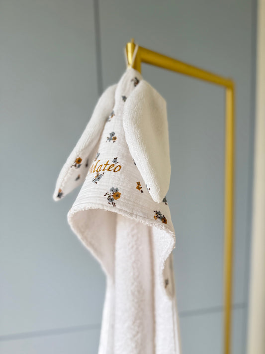 Cape de Bain Bébé Oreilles Lapin – Motif Hope - Écru/Rose & Blanc/Bleu