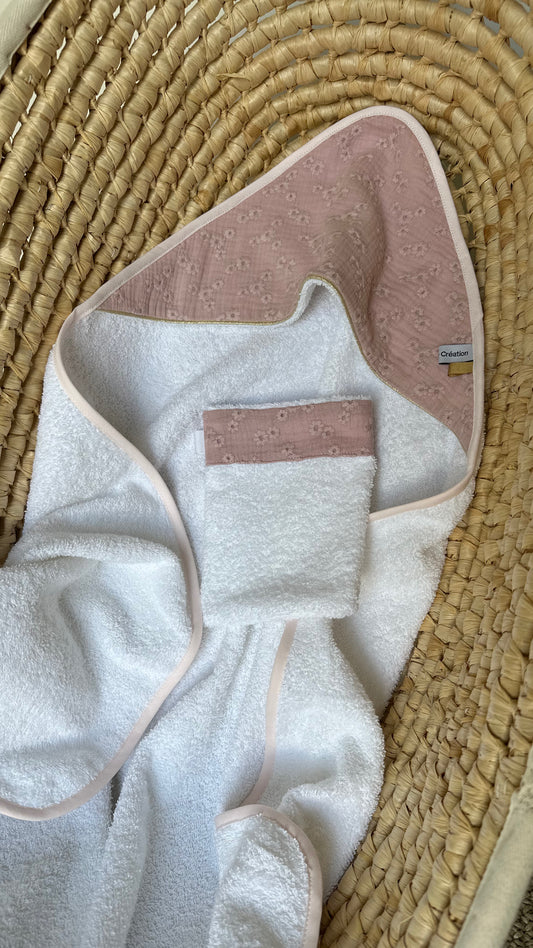 Cape de Bain Bébé Gaze de Coton Fleurs Brodées + Gant - 4 Coloris