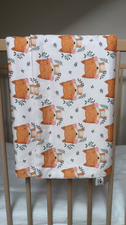 Couverture bébé motif renard — Satin de coton et minky blanc à pois