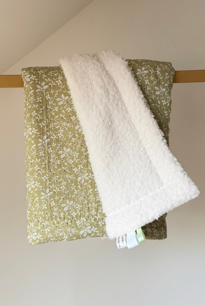 Couverture Bébé Polaire Sherpa - Gaze de Coton Vert Fleuri