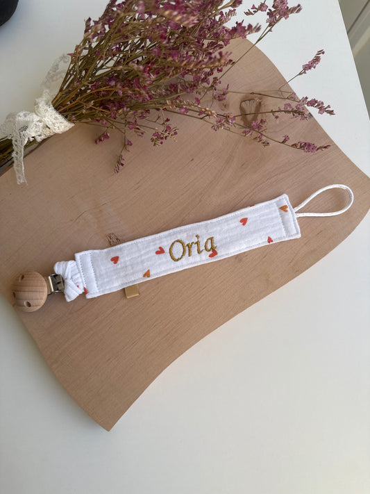 Attache tétine gaze de coton - personnalisée & coeurs