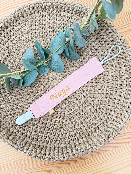 Attache tétine gaze de coton pois doré