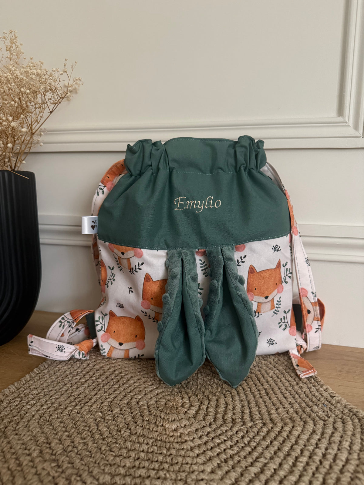 Sac à dos lapin bébé - Vert éléphant & renard - Personnalisable