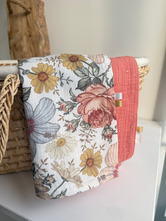 Lot de 2 Langes Bébé Double Gaze - Marsala Pois a doré & Fleurs Vintage