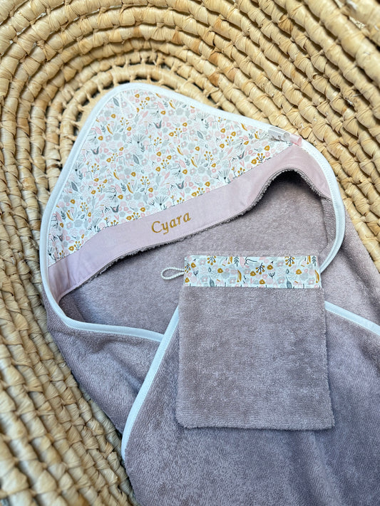 Cape de Bain Bébé + Gant de Toilette - Fleuris - Personnalisable