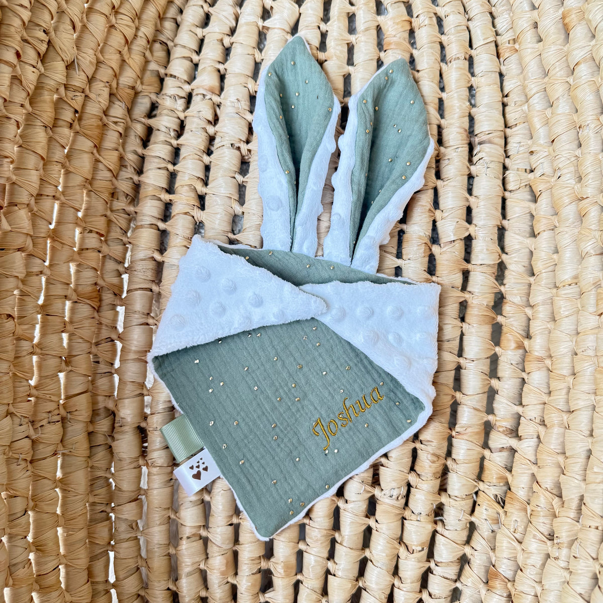 Doudou Plat Lapin - 13 Coloris | Gaze Coton à pois doré + Minky | 28x28cm