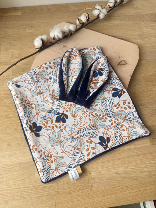 Doudou carré Oreilles de Lapin - Tissu Fleuri -Marine & Édition limitée