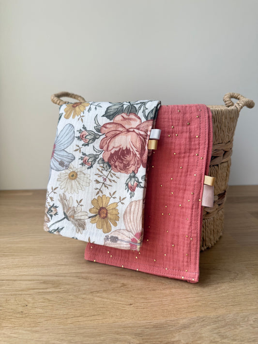 Lot de 2 Langes Bébé Double Gaze - Marsala Pois a doré & Fleurs Vintage