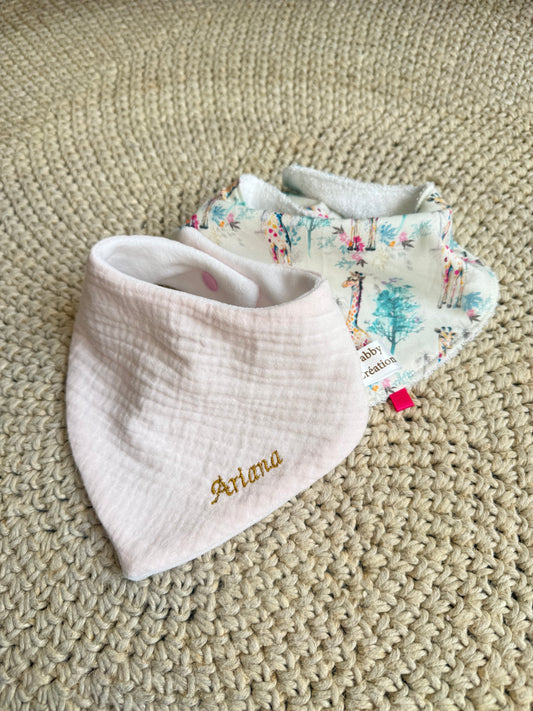 Lot de 2 Bavoirs Bandana Bébé - Gaze de Coton Uni & Girafe