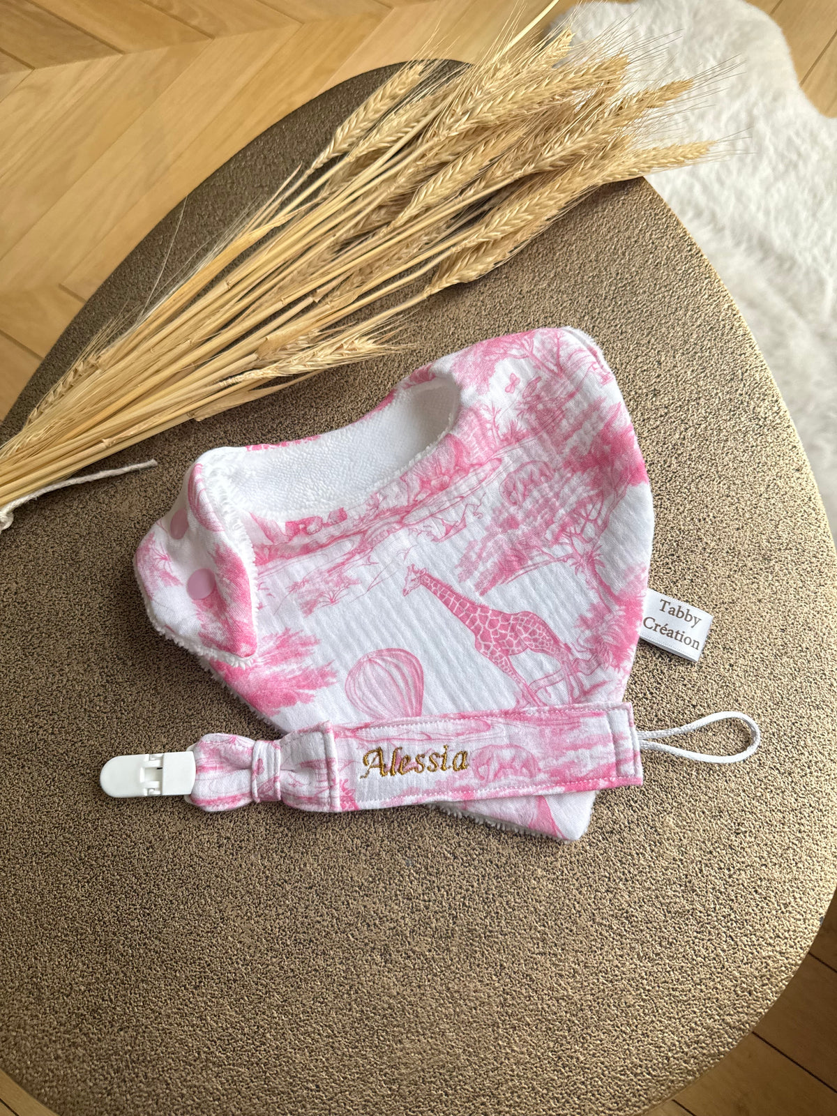 Coffret Bébé - Bavoir + Attache Tétine - Toile de Jouy Safari - 3 coloris