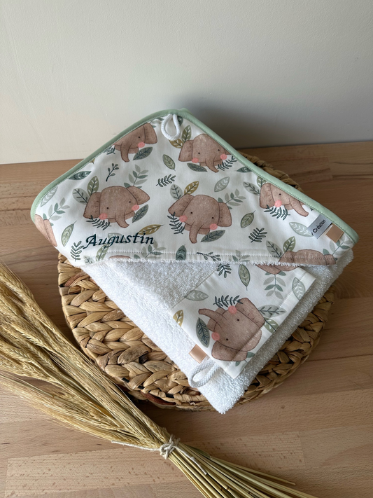 Cape de Bain Bébé + Gant - Éléphants ou Renards - Personnalisable
